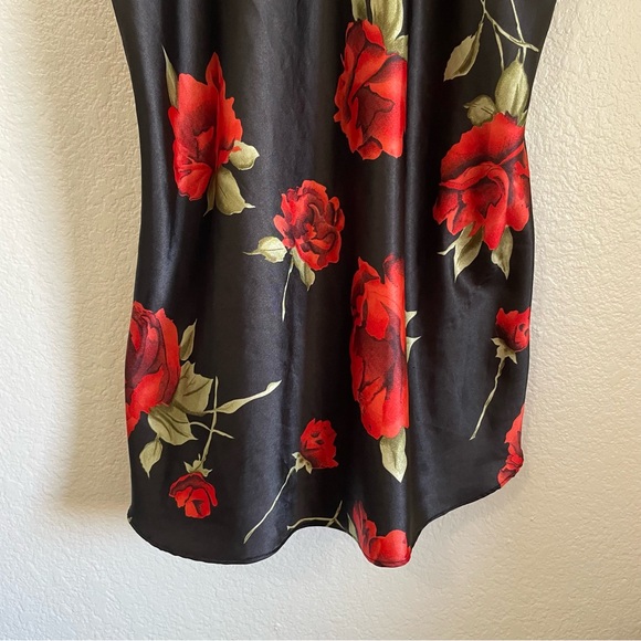 Vintage Satin Black & Red Stemmed Roses Floral Print Silky Slip Dress Just Love - Picture 4 of 9
